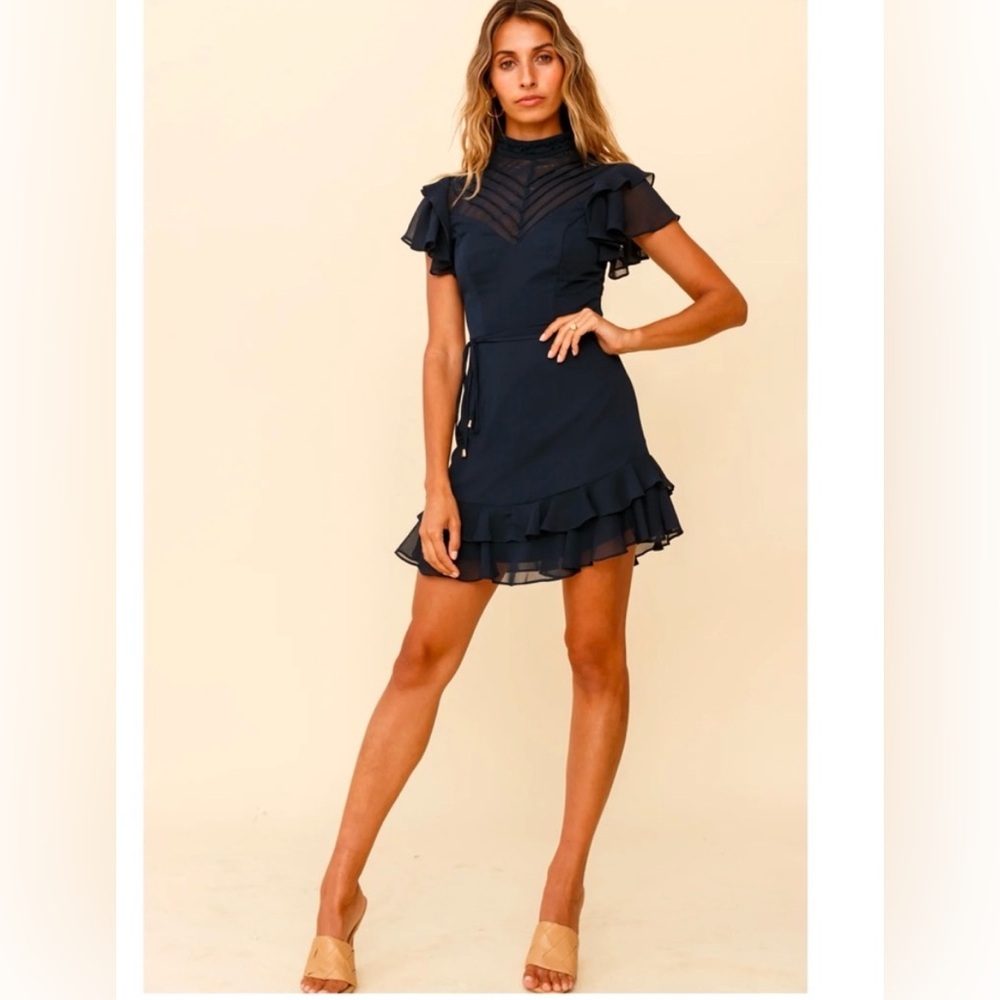 selfie leslie navy dress LARK HIGH NECK RUFFLE SLEEVE DRESS NAVY